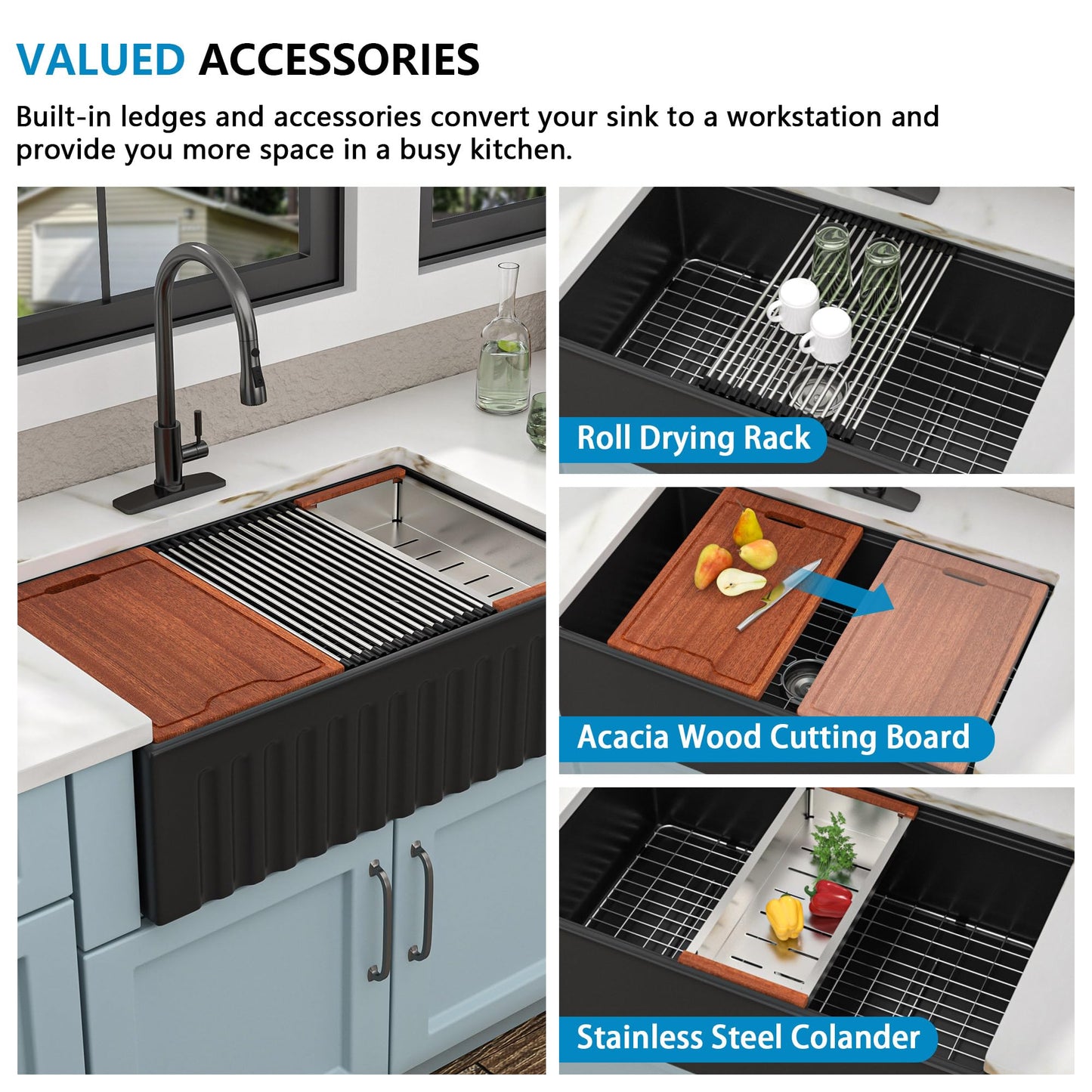Fulorni 33"x20" Black Farmhouse Sink Workstation – Reversible Apron Front with Ledge, Matte Black Porcelain Ceramic Fireclay Single Bowl Farm Kitchen Sink Basin