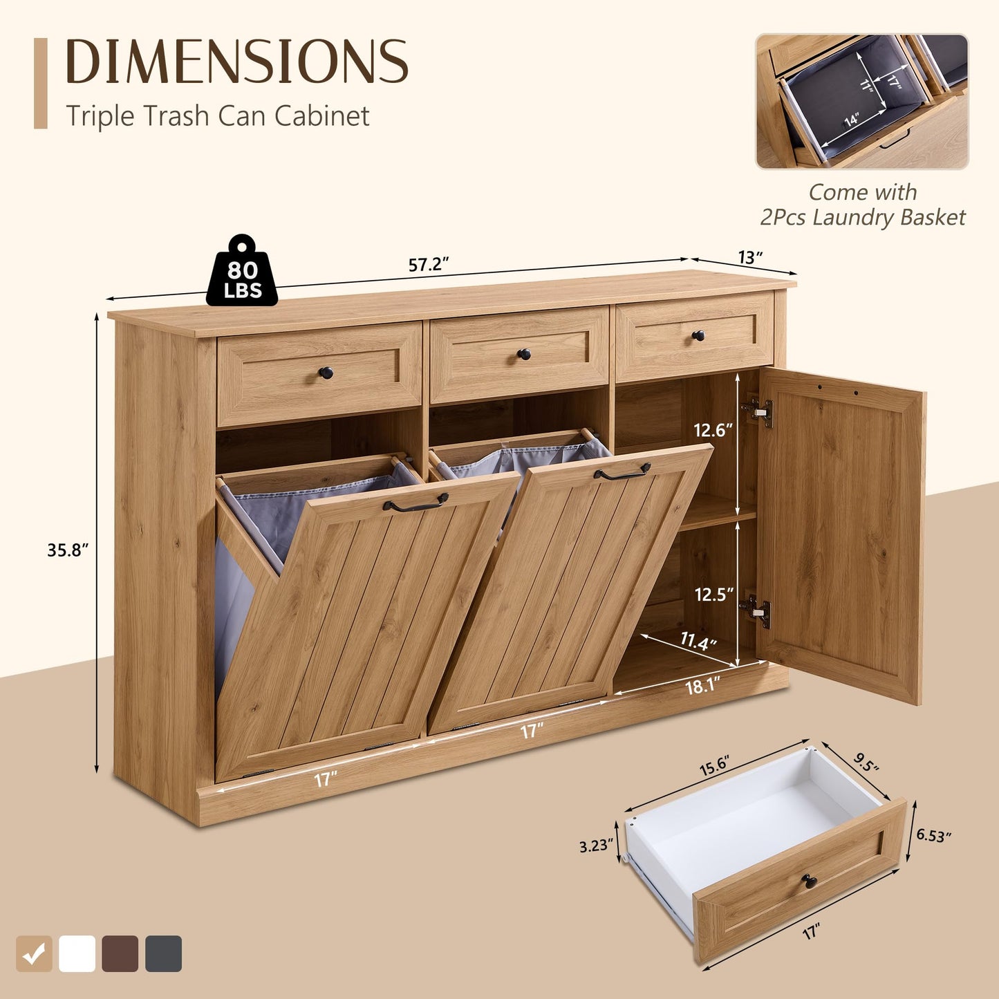 IFGET Triple Tilt Out Trash Can Cabinet, 20 Gallon Farmhouse Laundry Hamper Cabinet w/3 Drawers & Adjustable Shelf, Hidden Wooden Trash Can Cabinets with Storage Basket for Kitchen (Natural)