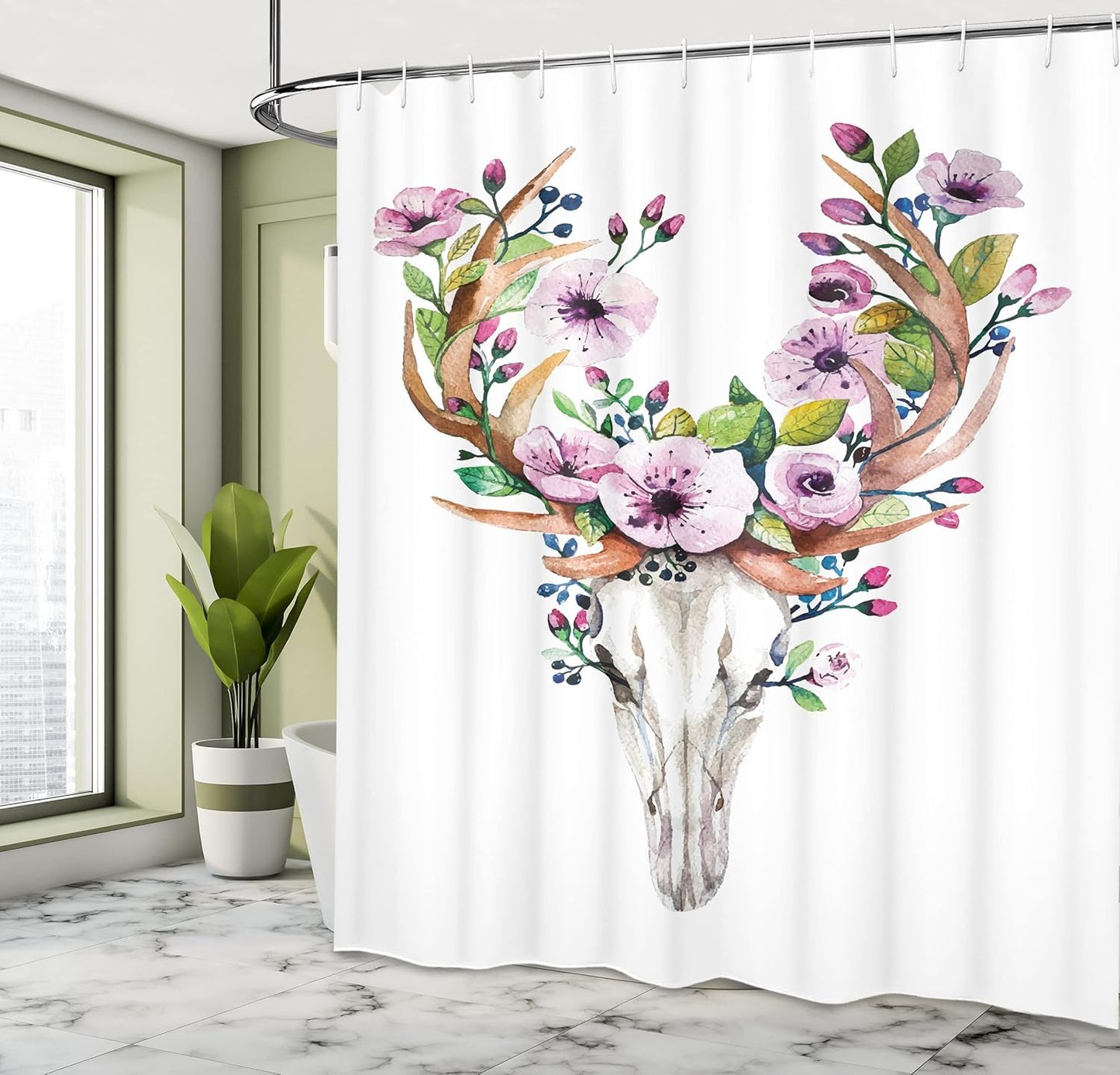 Ambesonne Skull Shower Curtain, Deer Animal Skull with Floral Horns, 69" W x 70" L, Brown Purple, Cloth Fabric Bathroom