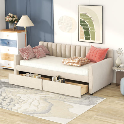 Merax Upholstered Daybed with 2 Drawers, Twin Size Bed Frame with Storage and Wood Slat Support, Beige