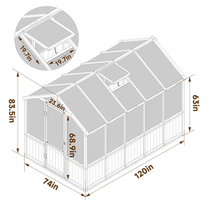 Yardenaler 6x10 FT Green House for Outdoor, 6MM Thick Polycarbonate Panel Wooden Walk-in Greenhouse Kit with Lockable Door and Adjustable Roof Vent, Backyard Garden, Light Mocha Brown