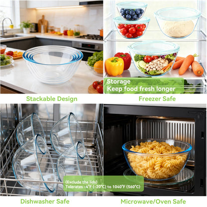 YUANYE 5 Pack Glass Mixing Bowls with Lids Set (5/2.5/1.5/0.9/0.6QT), Thick Glass Large Salad Bowl Set, Nesting Kitchen Bowls for Serving, Prepping, Cooking and Baking, Dishwasher,Oven,Microwave Safe