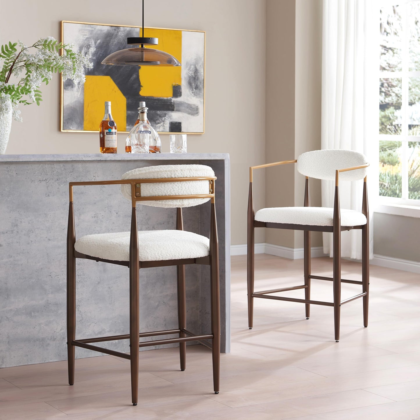 Christopher Knight Home Ebany 25" Barstools Set of 2, Metal Frame Counter Stool, Upholstered Bar Chair, Curved Back Barstool, Open Design Counter Stool for Kitchen Dining Island Table, Beige+Gold