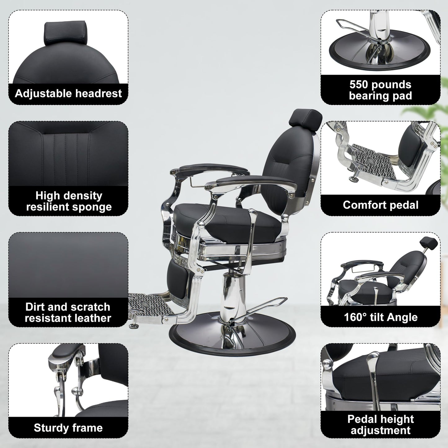 Professional Barber Chair - Hydraulic Salon & Tattoo Chair, 550lb Capacity, 360° Swivel & 160° Recline, Adjustable Headrest (Vintage Silver)