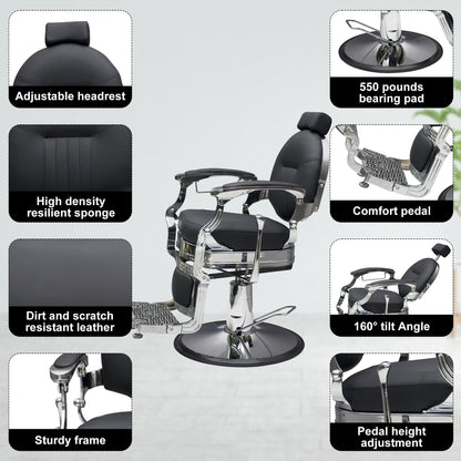 Professional Barber Chair - Hydraulic Salon & Tattoo Chair, 550lb Capacity, 360° Swivel & 160° Recline, Adjustable Headrest (Vintage Silver)