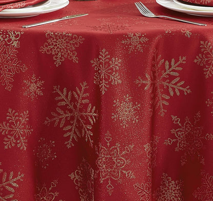 Newbridge Fancy Metallic Snowflake Christmas Tablecloth - 70 Inch Round, Red Gold, No-Iron Soil Resistant Holiday Cover