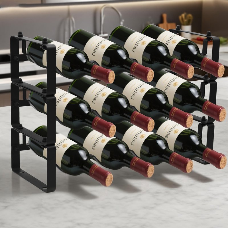 STAEVER Black Wine Rack for 12 Bottles – Stackable & Expandable Metal Wine Bottle Holder for Bar Counter, Cabinet, Pantry, or Small Spaces – Modern Freestanding Wine Storage Shelf (3 Tier, Black)
