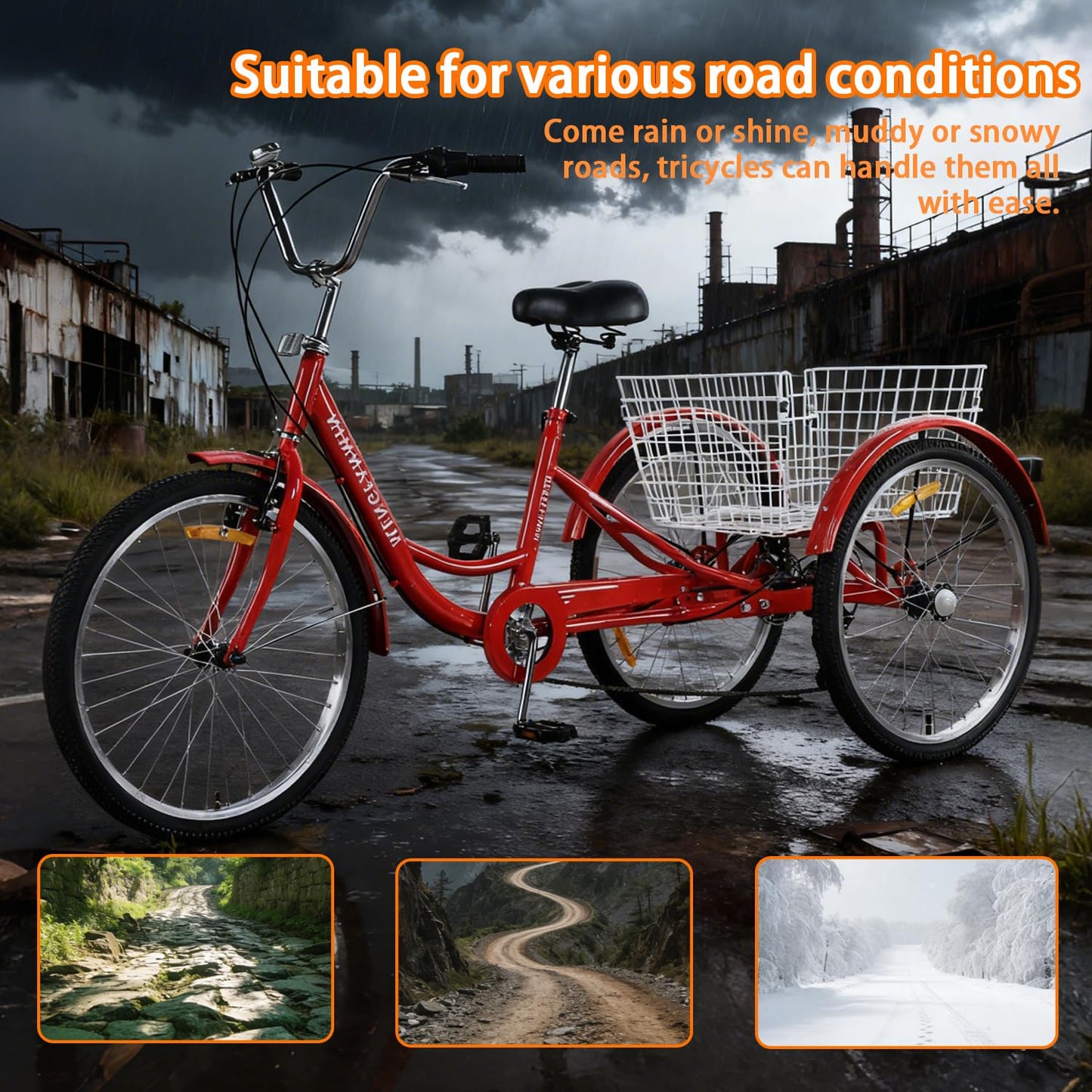 Adult Tricycle 7 Speed, 24 Inch 3 Wheel Trike Load 550lb,with Rear Basket,for Women，Seniors Picnic Exercise Shopping (RED)