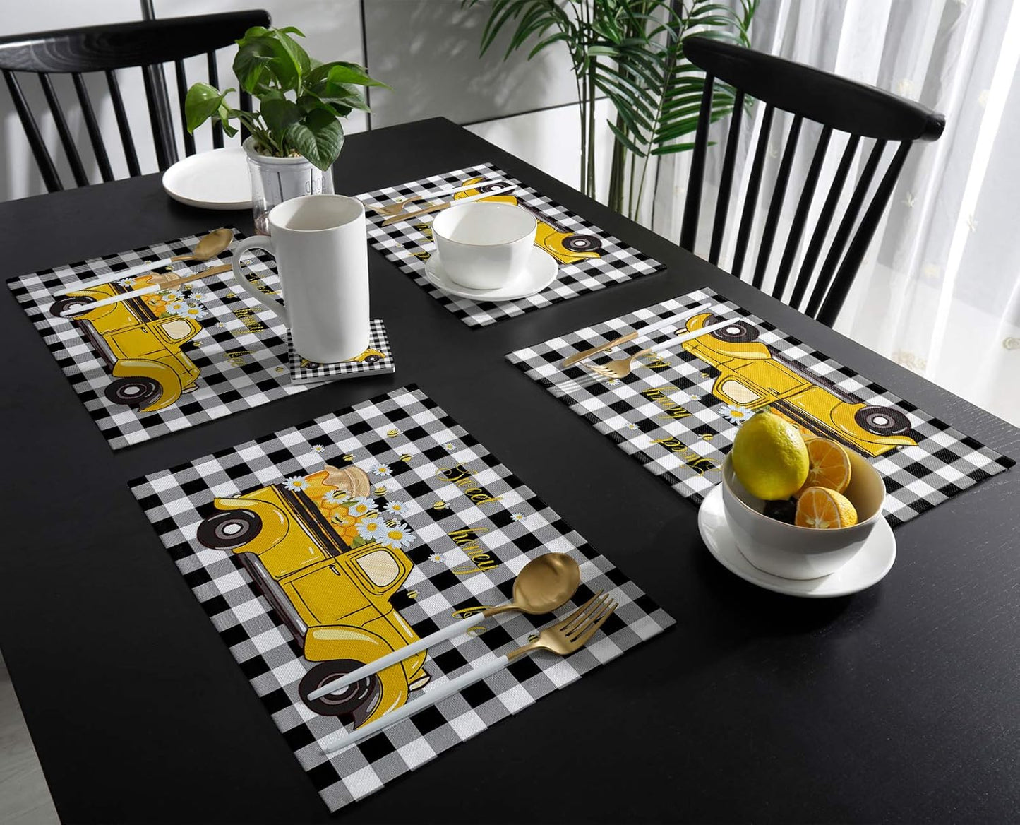 Sweet Honey Bee Placemats Set of 6, Washable Heat-Proof Table Mats for Kitchen Dinner Banquet, Summer Bee Yellow Truck