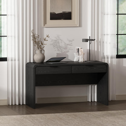 Manhattan Comfort Grace 54" Modern Office Desk with 2 Drawers, Wood Table with Metal Recessed Handles for Work from Home, Study, Craft, Stylish Executive Desk, Black