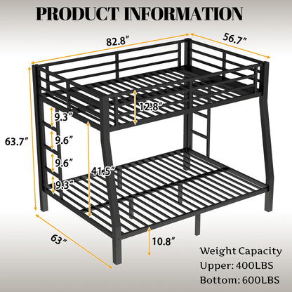 Bellemave Full XL Over Queen Bunk Bed with High Guardrail & Under-Bed Storage, Heavy Duty Metal Bunk Beds Frame with 2 Side Ladders, Full Over Queen Bunk Bed for Adults, No Box Spring Needed, Black