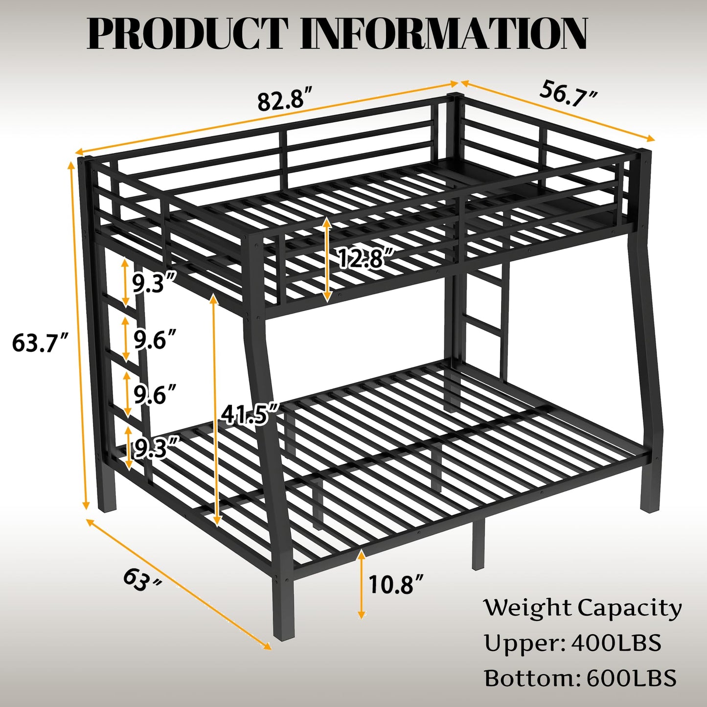 Bellemave Metal Full XL Over Queen Bunk Bed with High Guardrail & Under-Bed Storage, Heavy Duty Bunk Beds Frame with 2 Side Ladders, Full Over Queen Bunk Bed for Adults, No Box Spring Needed, Black