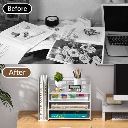 handimp 4-Tier Paper File Organizer with Drawer, Metal Desk Organizer, Tiered Paper Tray for Letter/A4 Files, Desktop Office Supplies Storage Rack, White
