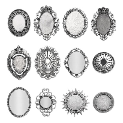 PATIKIL 9 Pcs Bolo Tie Buckle, 12 Styles Blank Bolo Tie Slides Clasp Accessories, Silver Tone Vintage Cabochon Settings Findings for Braided Leather DIY Craft Making, Style 3
