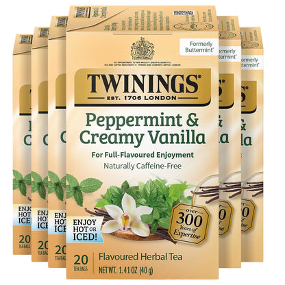 Twinings Peppermint & Creamy Vanilla Herbal Tea - Caffeine-Free, 20 Individually Wrapped Bags, Pack of 6