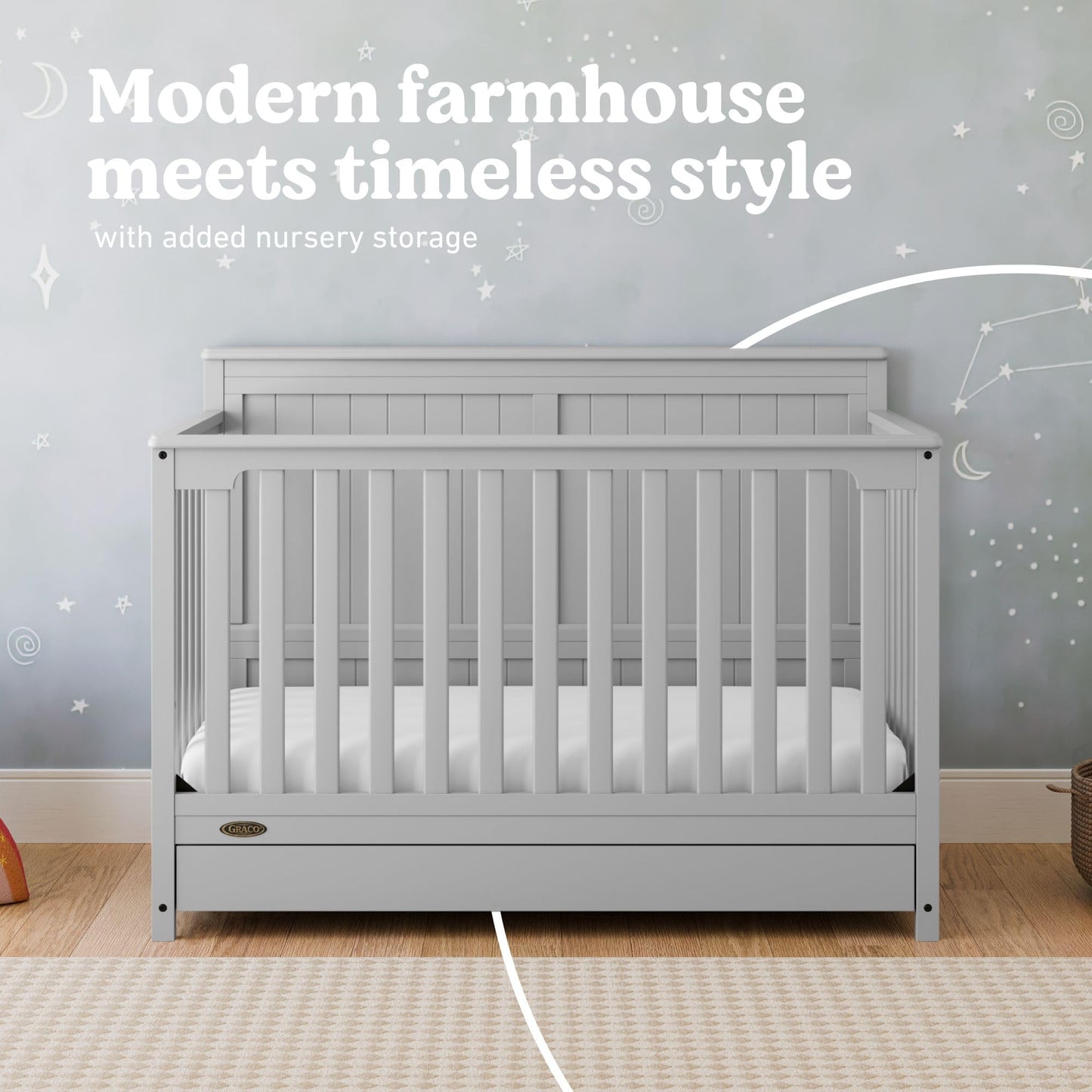 Graco Hadley 5-in-1 Convertible Crib with Drawer – GREENGUARD Gold Certified, Fits Standard Crib Mattress, Converts to Toddler Bed, Daybed and Full Bed, 4 Adjustable Mattress Heights (Pebble Gray)