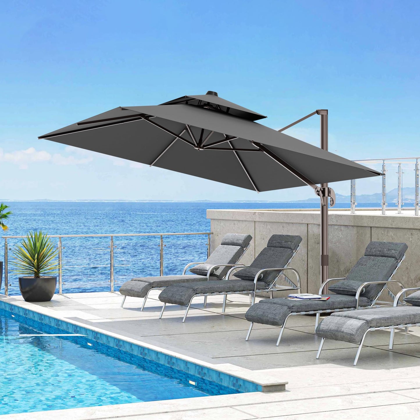 ZLACUIU 10x13FT Cantilever Outdoor Patio Umbrellas, Double Top Large Rectangle Umbrella, Heavy Duty 360° Rotation Offset Outdoor Sun Shade Umbrella for Garden Deck Pool Backyard Patio, Grey