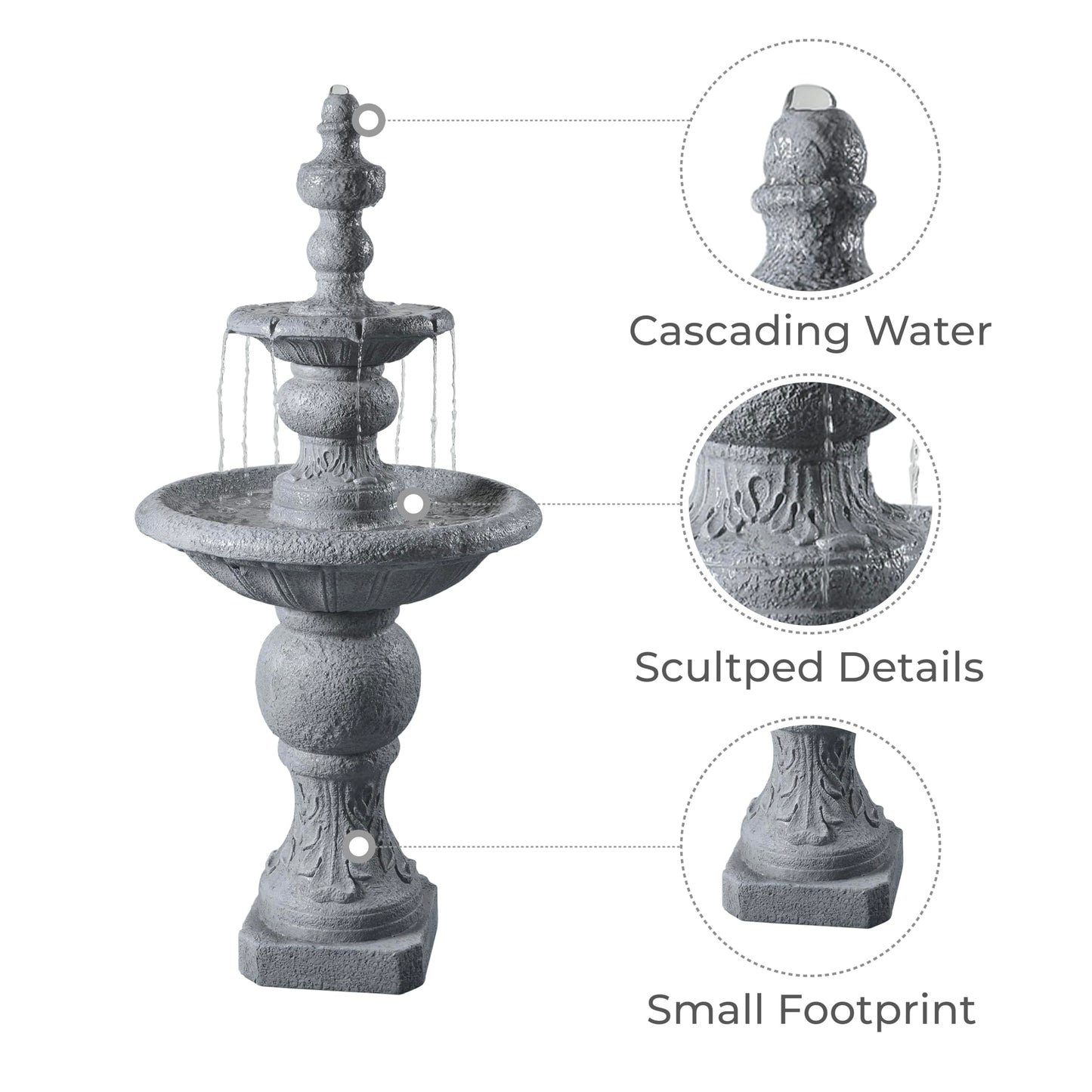Teamson Home 52.56 in. Outdoor Two-Tier Water Fountain with Realistic ICY Stone Texture for Outdoor Living Spaces Creating a Calming Oasis for Gardens, Landscaping, Patios, Balconies, Lawns, Gray
