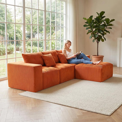 KEIKI 101" L-Shaped Modular Sofa, 3-Seater Compression Cloud Couch with Movable Ottoman, Corduroy Fabric Deep Seat Sectional, No Assembly Convertible Sofa for Apartment Small Living Room