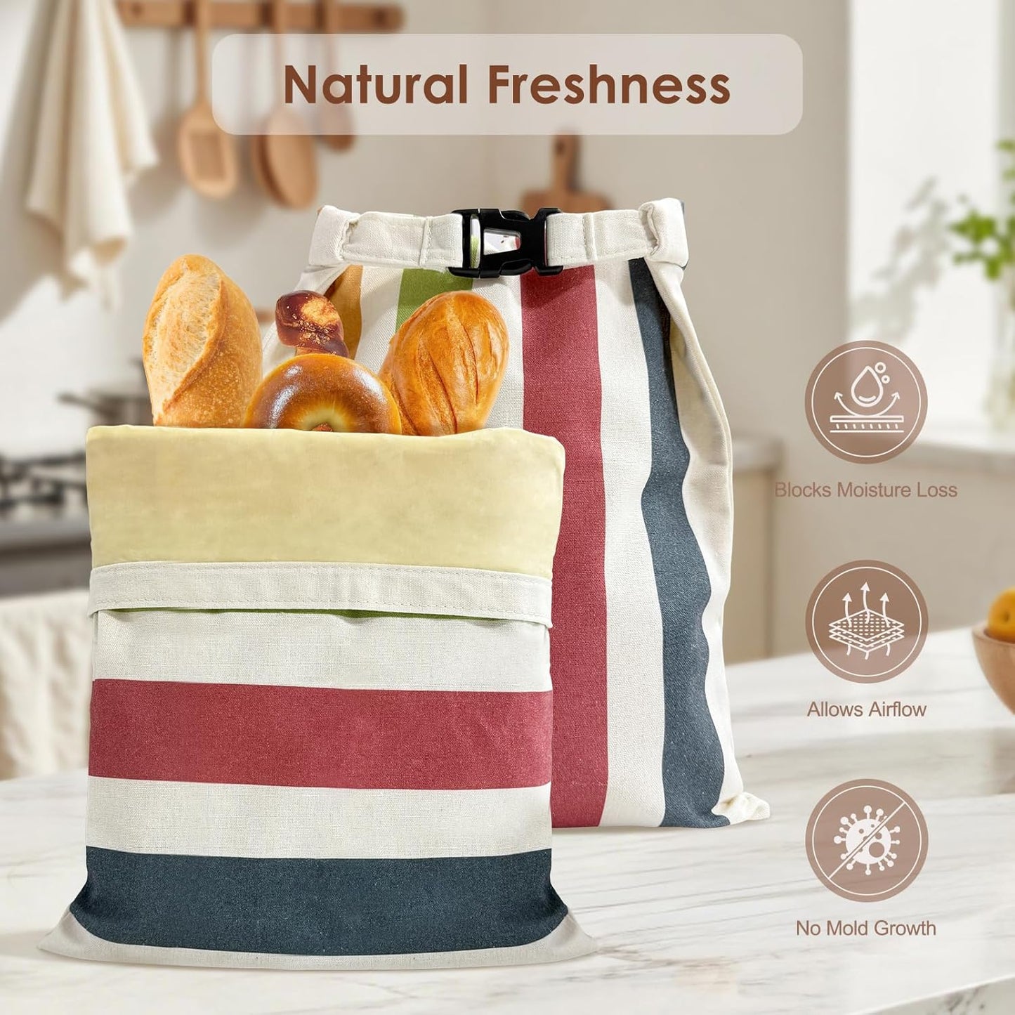 Holaraon 2 Reusable Beeswax Bread Bags for Homemade, Natural Linen Sourdough Bread Storage Bag with Buckle, Large