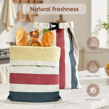 Holaraon 2 Reusable Beeswax Bread Bags for Homemade, Natural Linen Sourdough Bread Storage Bag with Buckle, Large