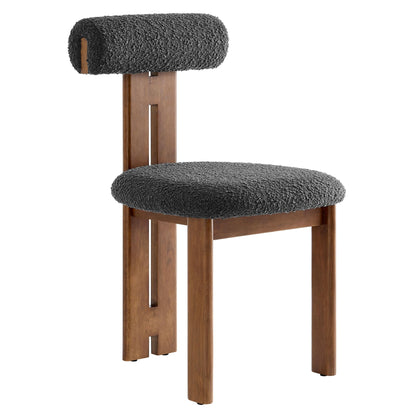 Modway Torian Upholstered Boucle Dining Chairs Set of 2 in Walnut Charcoal - 3-Legged Farmhouse Kitchen Chairs - Mid-Century Modern Armless Accent Chairs - Comfortable Side Chairs with Wood Legs