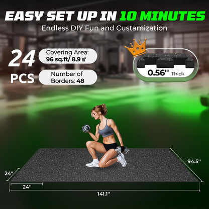 PRAISUN 0.56" Rubber Top Gym Flooring, Heavy Duty Interlocking Gym Mats for Home Gym, Non-Slip Workout Mat, 24 x 24in Large Gym Floor Mat, Protect Floors from Weights & Equipment, 96 Sq Ft, Black/Grey