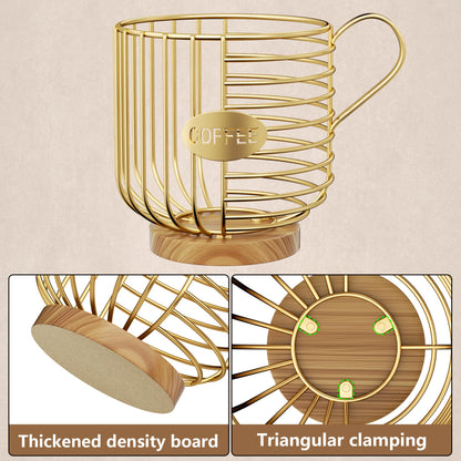 Coffee Pod Holder, 45+ Large Capacity Wire K Cup Storage Organizer with Solid Wood Base, Anti-Slip Coffee Capsule Holder for Kitchen Bar Counter, Compatible with K-Cups/Nespresso Espresso Capsules