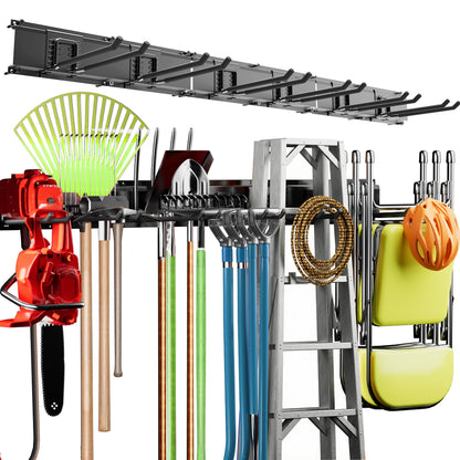 wallseffic Garage Tool Organizer Wall Mount, 48" Heavy Duty Wall Tool Organizer Rack with 6 Hooks, Garage Storage Tools Hanger for Shovel, Rake, Folding Chair, Garden Tools, Lawn, Yard, Shed