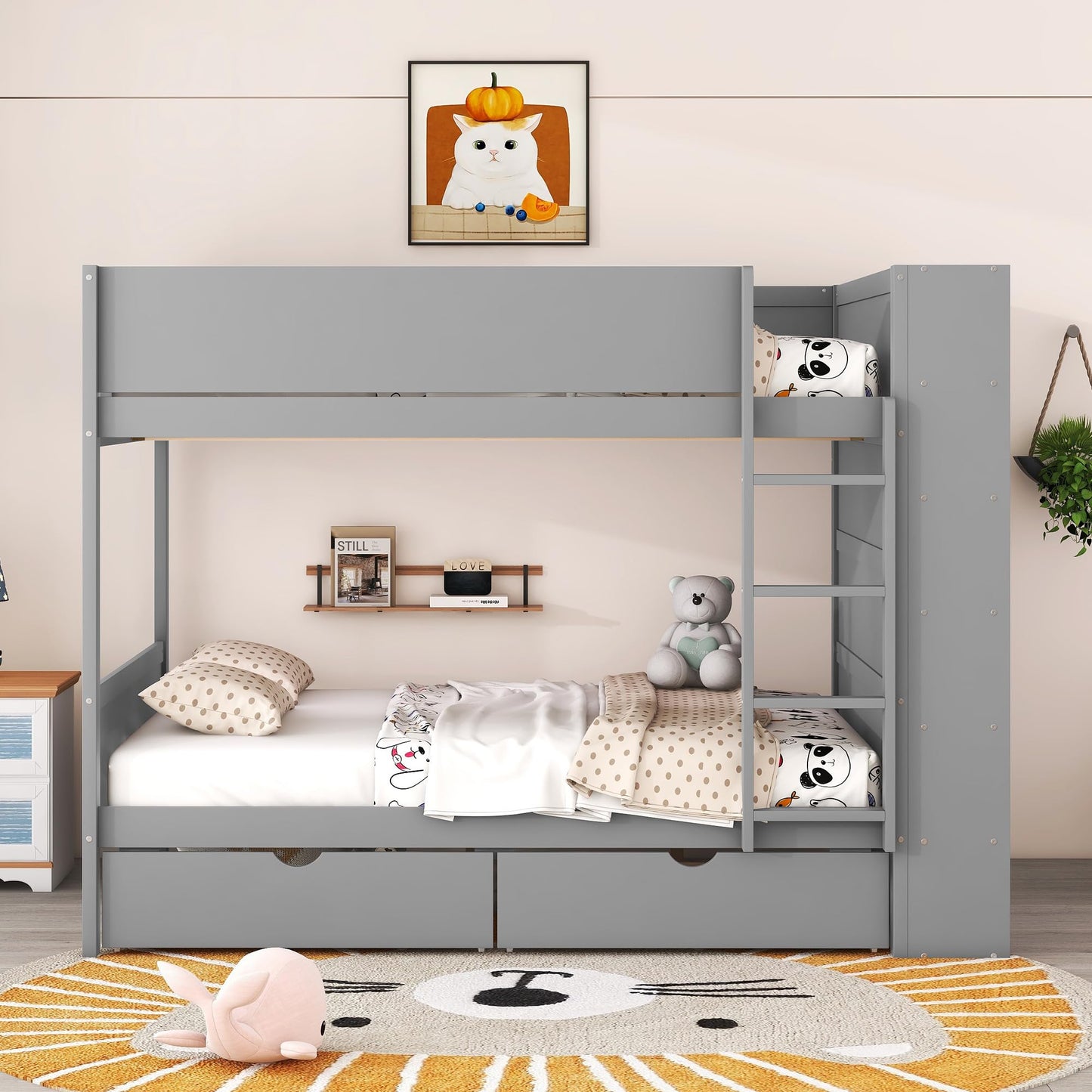 Merax Full Over Full Bunk Bed with 2 Drawers and Multi-Layer Cabinet, Gray
