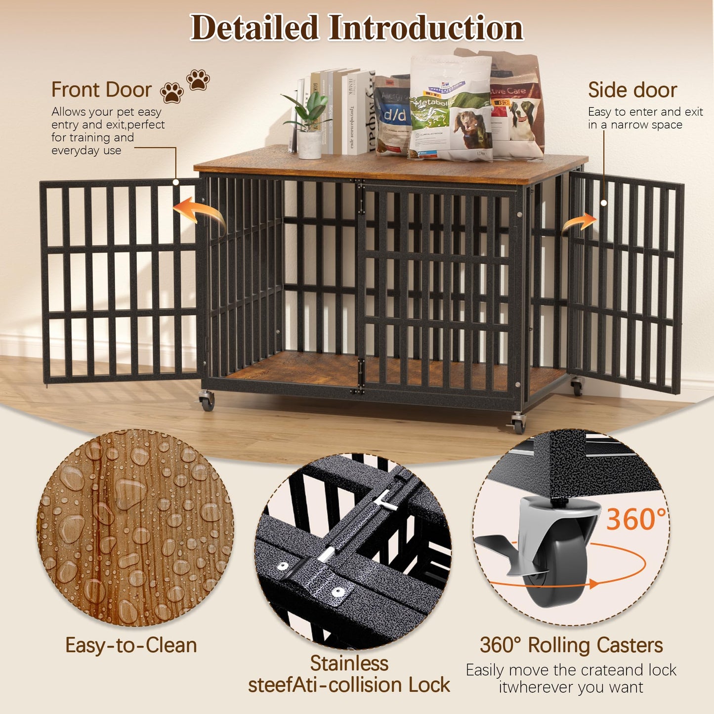 38 Inch Dog Crate Furniture, Heavy Duty Wooden Dog Kennel for Large Dogs, Chew Proof & Escape-Proof Indoor Dog Cage with TV Stand, for Anxious Dogs, Black Brown Cabinet