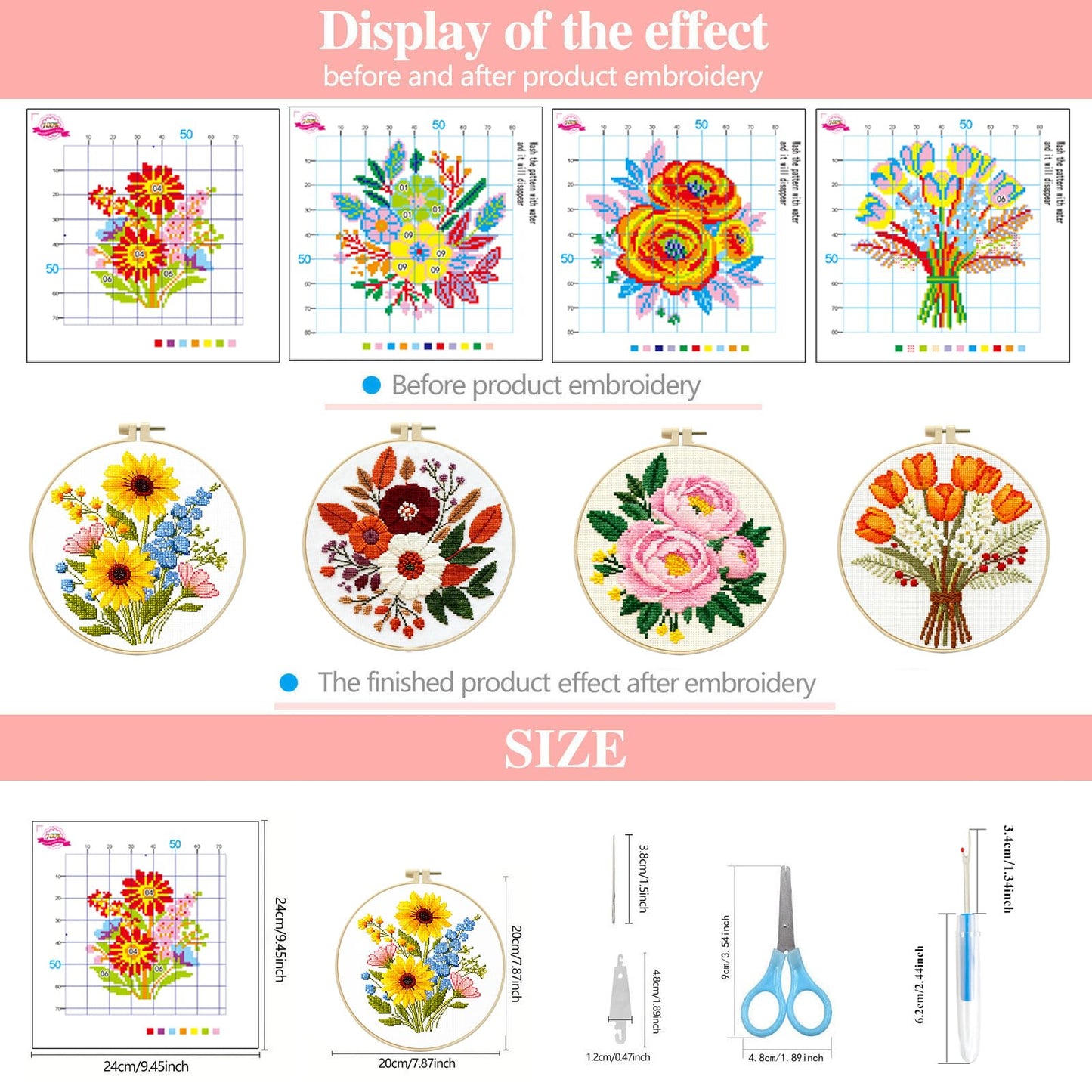 Zhenqing 4-Piece Floral Cross Stitch Kit for Beginners - Complete Set with Pre-Printed 11CT 24x24cm Fabric, Hoop, Threads & Tools (Sunflower, Peony, Tulip Designs)(70362)