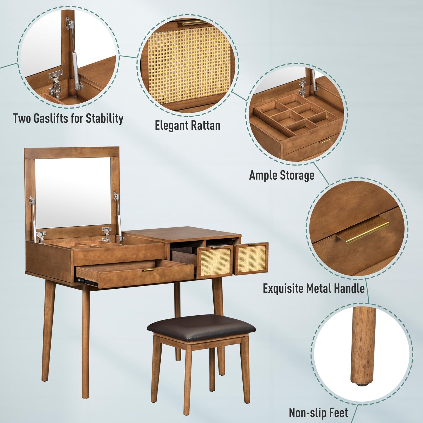 GDFStudio 43.3" Makeup Vanity Set with Flip Top Mirror, Brown Classic Wood Dressing Table with Three Drawers, Upholstered Stool, Hidden Mirror Design, Storage Vanity Furniture for Bedroom