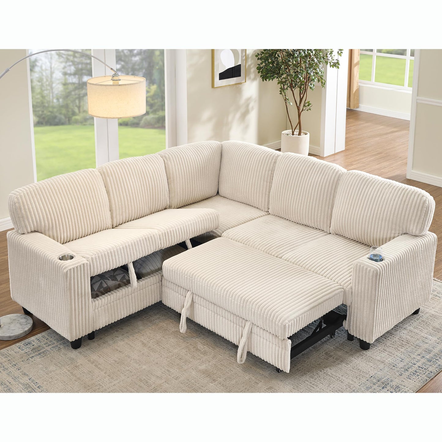 ERYE L-Shaped Symmetrical Sleeper Sectional Sofa W/Pull Out Sleeper Couch Bed and Storage Seat for Living Room, Corduroy Tufted Corner Convertible Sofa Bed with USB-C Ports