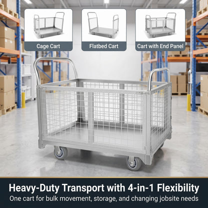 Heavy-Duty Foldable carts with cage, 39.4 x 23.6 inches Rolling cart, Capacity 2200LBS, Utility Heavy-Duty cart with Basket, for Warehouse Luggage handling, Silver