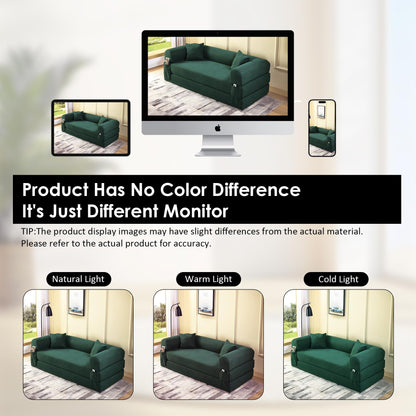 80" Convertible Sofa Bed, 3-in-1 Corduroy Folding Pull Out Couch with Pillows, No Assembly Modern Boneless Couch Compression Sofa in Box, Floor Sofa with Side Storage Pocket for Living Room,Dark Green