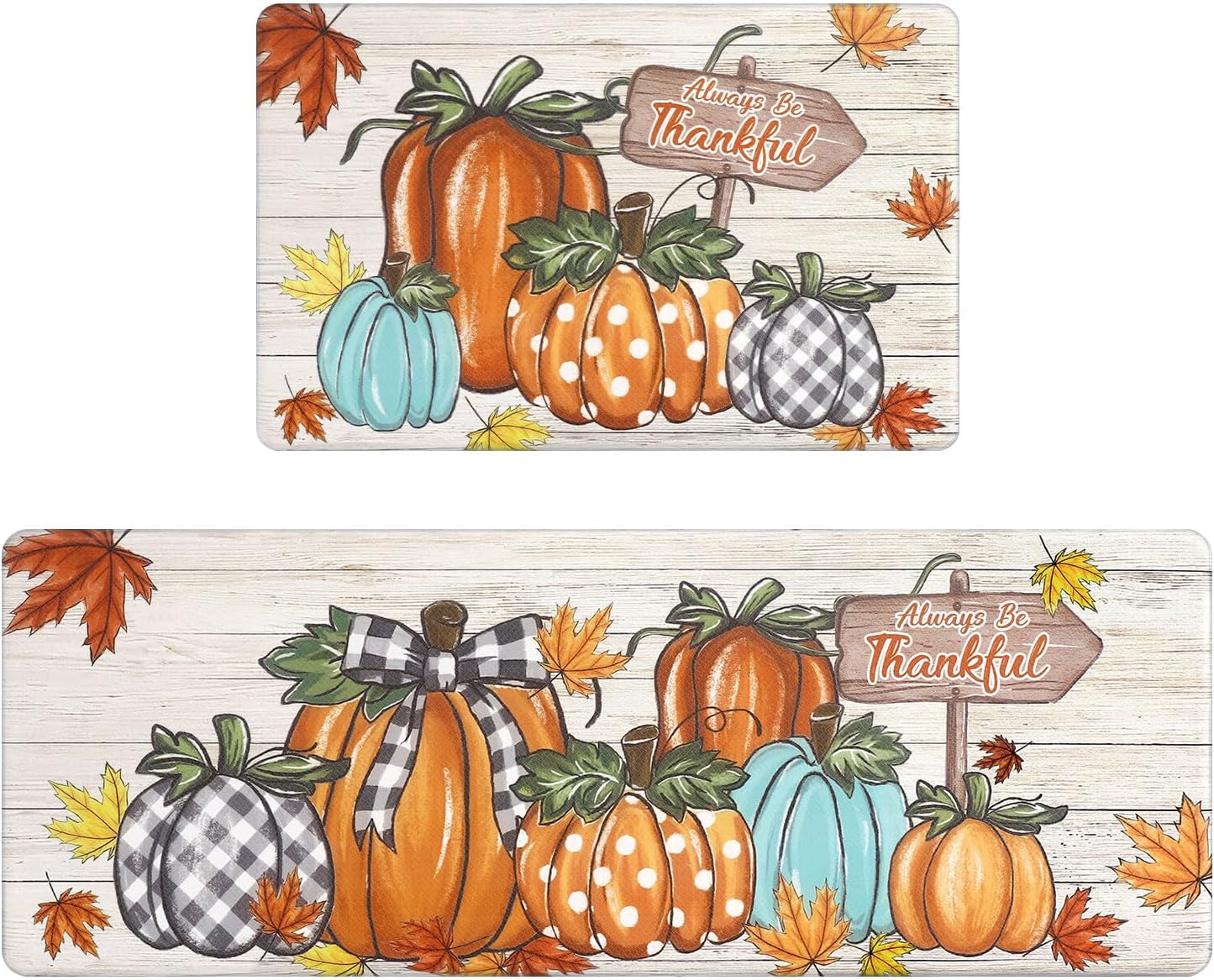 U'Artlines Fall Kitchen Mat - Anti Fatigue Cushioned Comfort Mats, Colorful Pumpkin Kitchen Rugs 17"x28"+17"x47"