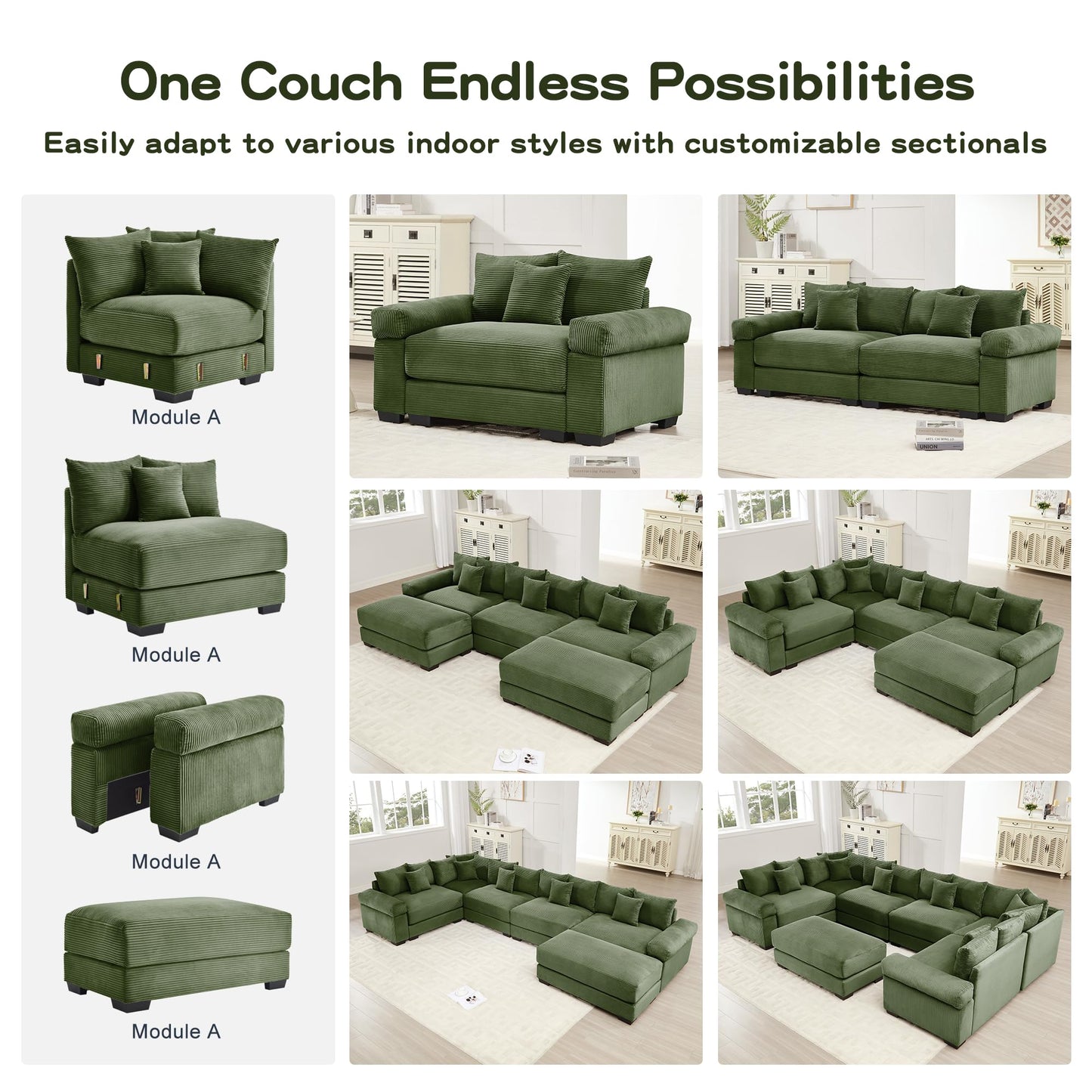 KEIKI 54" Oversized Corduroy Modular Sectional Single Sofa with High-Density Foam Cushions, Extra-Thick Armrests, Upholstered Modern 1-Seater Lounge Accent Chair with 3 Pillow, for Living Room, Green