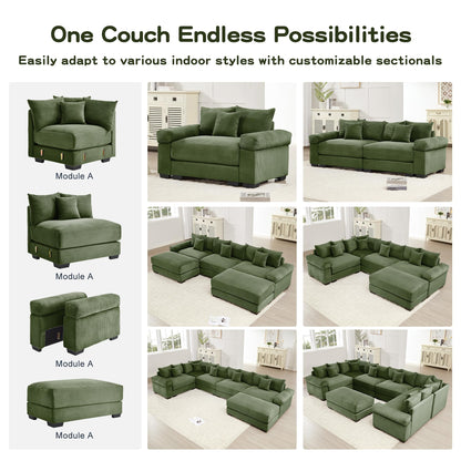 KEIKI 54" Oversized Corduroy Modular Sectional Single Sofa with High-Density Foam Cushions, Extra-Thick Armrests, Upholstered Modern 1-Seater Lounge Accent Chair with 3 Pillow, for Living Room, Green
