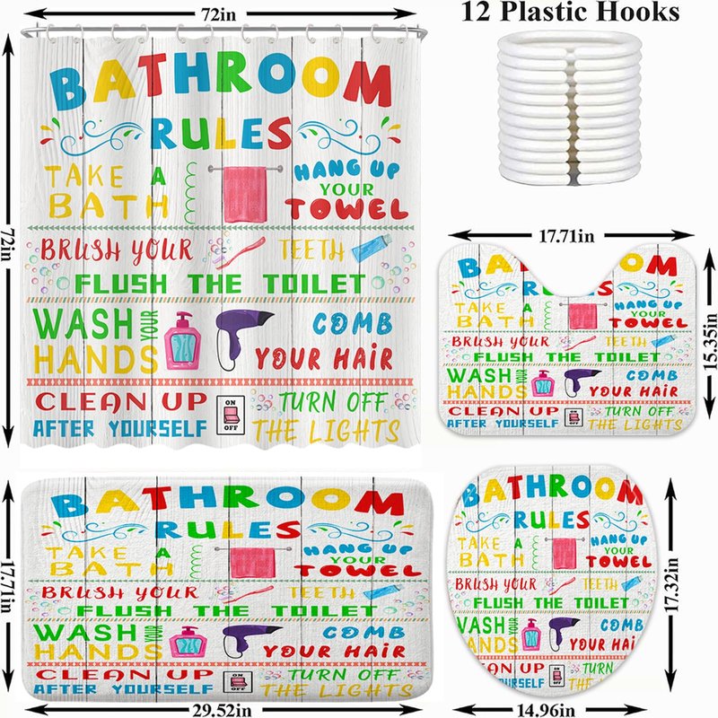 4 Pcs Kids Shower Curtain Sets, Funny Teen Boy Girl Bathroom Sets with Non-Slip Rugs and Accessories, Cute Colorful Bathroom Rules Fabric Toilet Lid Cover and Bath Mat, Shower Curtain with 12 Hooks.