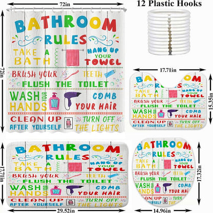 4 Pcs Kids Shower Curtain Sets, Funny Teen Boy Girl Bathroom Sets with Non-Slip Rugs and Accessories, Cute Colorful Bathroom Rules Fabric Toilet Lid Cover and Bath Mat, Shower Curtain with 12 Hooks.