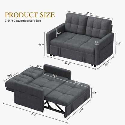 DWVO 55" Convertible Sofa Bed, 3-in-1 Sleeper Sofa with Pull-Out Bed, Linen Futon Couch with Adjustable Backrest and Side Pocket, Modern Loveseat for Living Room Apartment, Grey