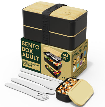 Umami Bento Box Adult All-In-1 w/4 Utensils, Big Sauce Jar, 2 Dividers, 100% Leakproof, Microwave & Dishwasher Safe Stackable Bento Lunch Box Containers for Men/Women, Black & Bamboo, 40 oz