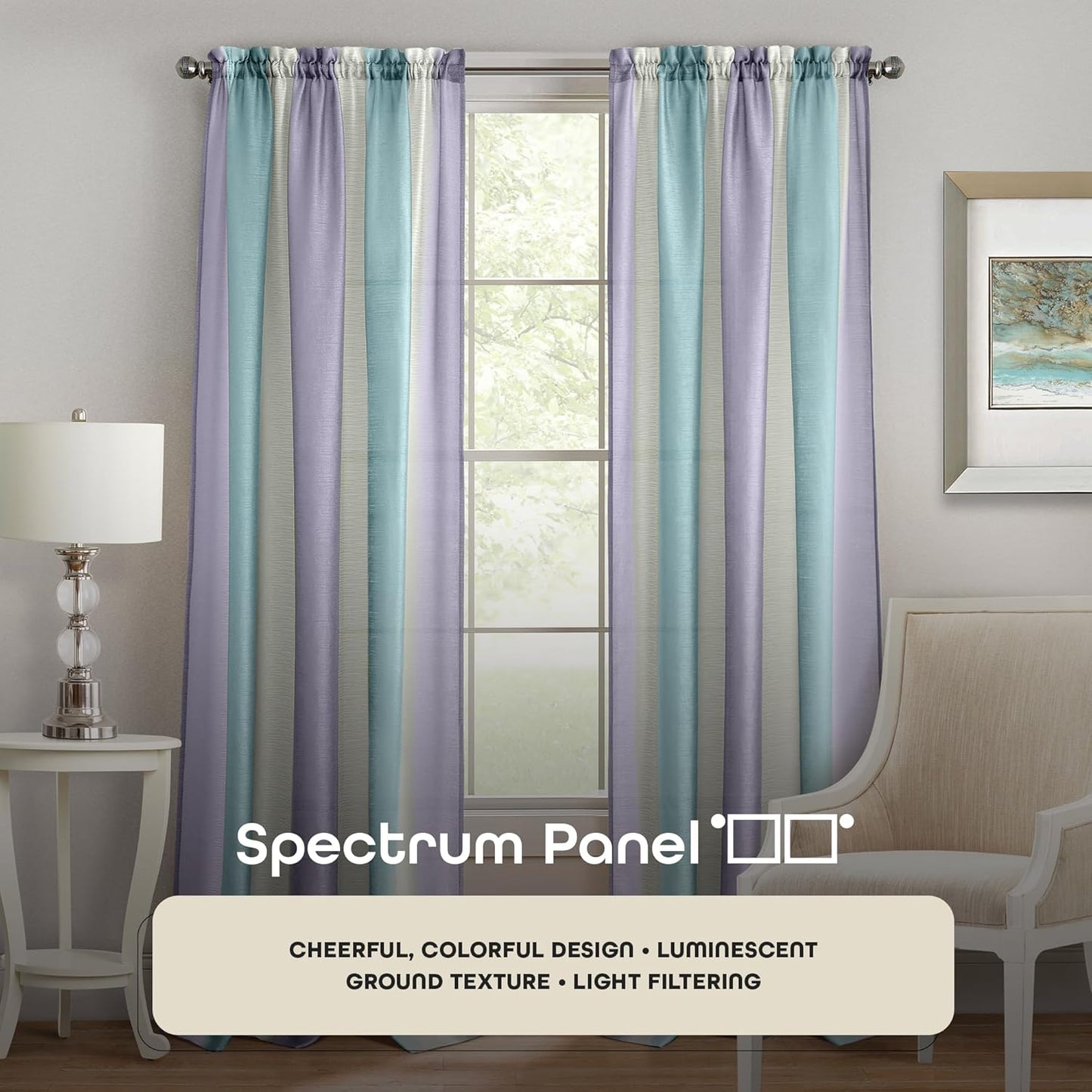ACHIM Spectrum Rod Pocket Panel Window Curtain - 50 Inch Width, 63 Inch Length, Lilac/Turquoise, Semi-Sheer Polyester