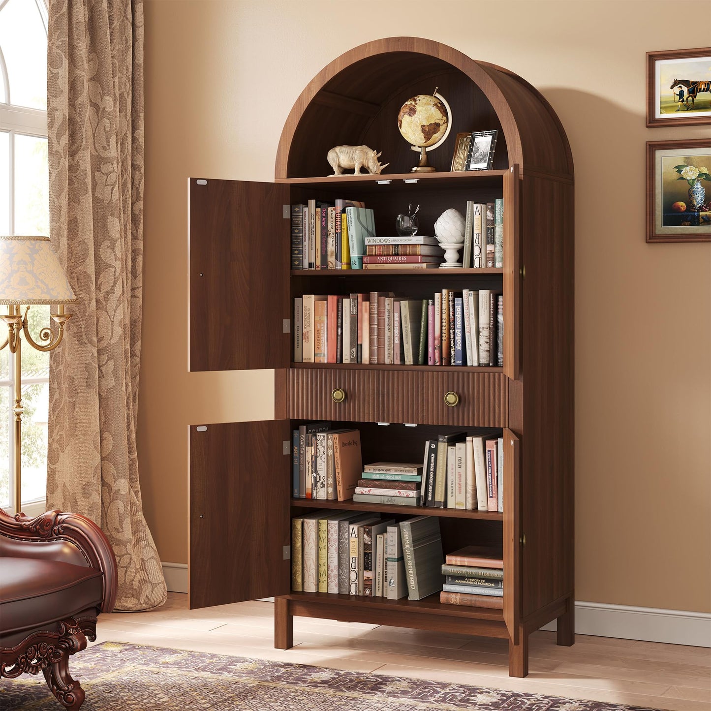 Apicizon 70" Tall Arched Kitchen Pantry Cabinet, 6-Tier Modern Fluted Wood Storage Cabinet with Doors Drawer & Adjustable Shelves, Farmhouse Cupboard Organizer for Dining Room, Bathroom, Walnut