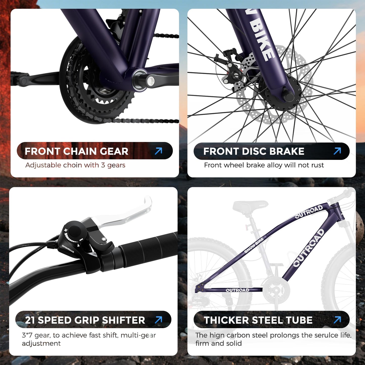 Betterland 26 inch Wheels Fat Tire Bike, 21 Speed Heavy Duty Mens Mountain Bikes with High Carbon Steel Frame/Double Disc Brake/Front Suspension Anti-Slip Bikes (Blue&Purple)-1