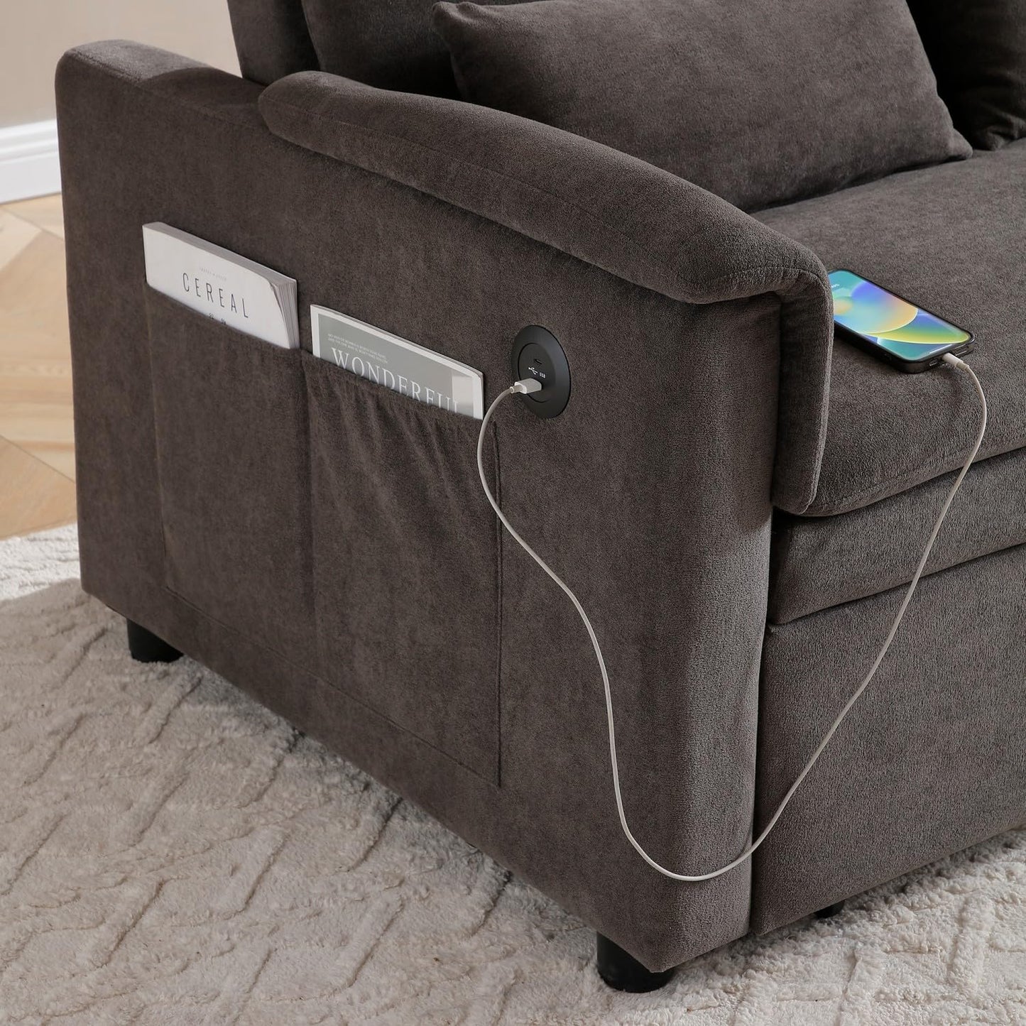 55" Convertible Futon Sofa Bed, Velvet 3 in 1 Sleeper Sofa Bed, Pull Out Couch with USB Ports & 2 waist pillows, Adjustable Backrest Loveseat Sofa, Small Couches for Living Room Apartment, Taupe Brown