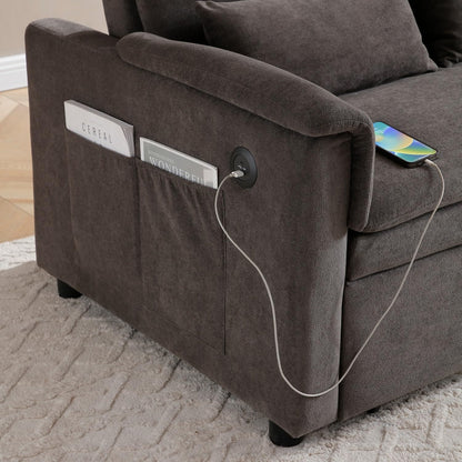 55" Convertible Futon Sofa Bed, Velvet 3 in 1 Sleeper Sofa Bed, Pull Out Couch with USB Ports & 2 waist pillows, Adjustable Backrest Loveseat Sofa, Small Couches for Living Room Apartment, Taupe Brown