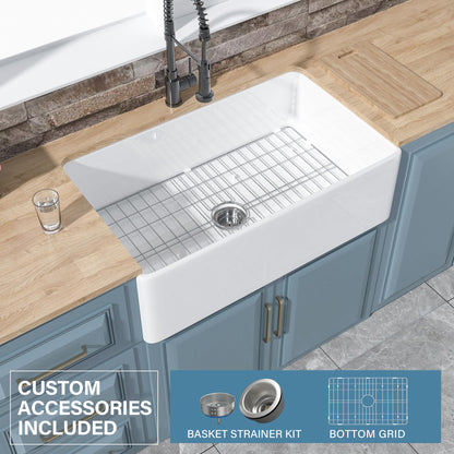 HOMLYLINK White Farmhouse Sink 33 x 20 Inch, Large Firecaly Apron Front Undermount Farm Sink Heavy Duty Deep Single Bowl, with Custom Accessories 2 Types, Pure White, for Kitchen
