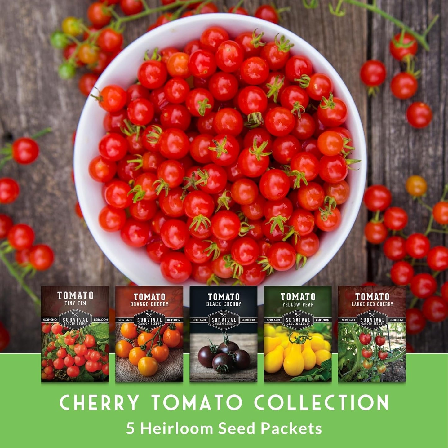 5 Pack Cherry Tomato Seeds for Planting Variety with Tiny Tim, Black Cherry, Yellow Pear, Large Red & Orange | Heirloom